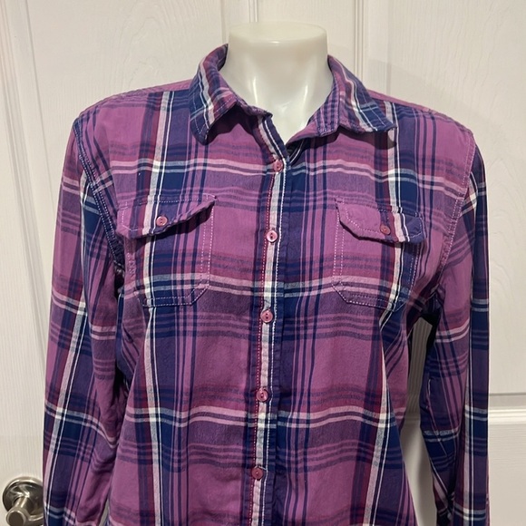 Kuhl women’s purple plaid cotton button down top size Large - Picture 3 of 10